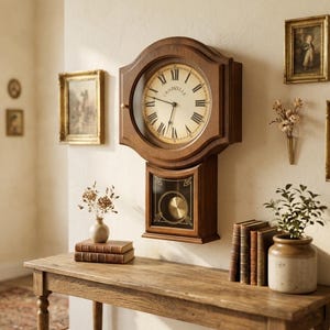 Peut inclure: Une horloge murale en bois avec un sommet arrondi et une base rectangulaire dotée d'une fenêtre pour le pendule. Le cadran est crème avec des chiffres romains noirs et l'inscription Caravelle. Le cadre est en bois brun moyen avec une vitre.