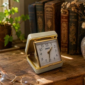 May include: A square, cream-colored travel alarm clock with a gold-tone metal frame and a hinged case. The clock face features a white background with a subtle grid pattern, black Arabic numerals, and the brand name Equity printed in black.
