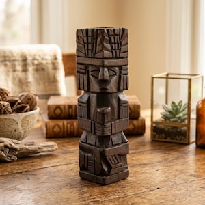 May include: A dark brown wooden sculpture carved into a vertical totem shape with a stylised human face at the top, wearing a detailed headdress and geometric patterns along the body, standing on a flat base with a rectangular profile.