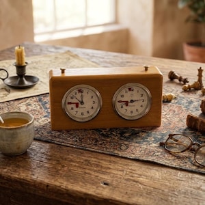 May include: A rectangular wooden analogue chess clock featuring two circular clock faces with white dials, black numerals, and silver bezels. Each clock face includes a red flag indicator at the twelve o'clock position and the text Garde.