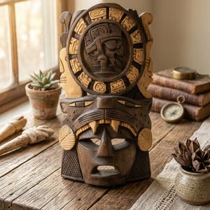 May include: A dark brown wooden sculpture featuring a carved human face at the base, topped by a feline head with bared fangs, and crowned with a circular calendar disc displaying intricate relief carvings of symbols and a central figure.