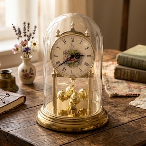 May include: A gold-toned anniversary clock with a circular white face, black Roman numerals, and a floral centre design. The clock is encased in a glass dome on a round brass base, featuring a rotating pendulum with four gold spheres at the bottom.