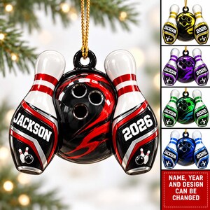 Personalized Bowling Pins Ornament, Custom Ball Name Year Christmas Tree Decor, Bowler Keepsake Gift, Senior Night League Present