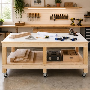 Planos para mesa de trabajo DIY de 4x8, banco de trabajo móvil en PDF, mesa de taller para garaje con estante de almacenamiento, planos de carpintería, descarga digital