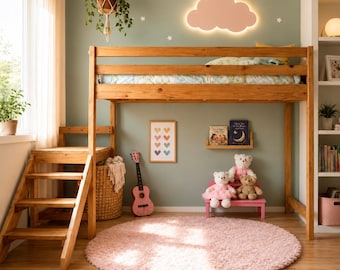 Wooden Loft Bed with Stairs Plans PDF | Scandinavian Modern Kids Loft Bed | Space Saving Twin Bed Woodworking Plans