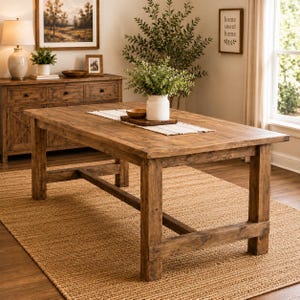 Pode incluir: Uma mesa de jantar retangular de madeira com acabamento castanho natural, com quatro pernas robustas e uma viga de suporte central. Um caminho de mesa de tecido branco está colocado no centro, com um vaso de cerâmica branca com folhagem.