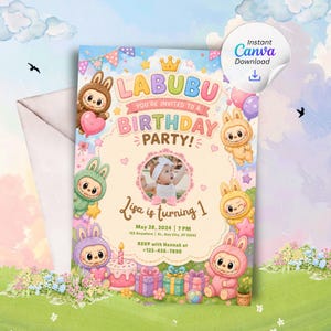 Invitación de cumpleaños Kawaii de conejito monstruo pastel Labubu, invitación para fiesta infantil, tarjeta fotográfica editable, plantilla digital instantánea de Canva para imprimir.