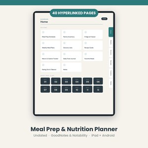 May include: A digital meal prep and nutrition planner interface featuring 40 hyperlinked pages. The dashboard includes sections for meal prep, pantry inventory, grocery lists, and trackers, with a grid of 12 weekly meal plan buttons.