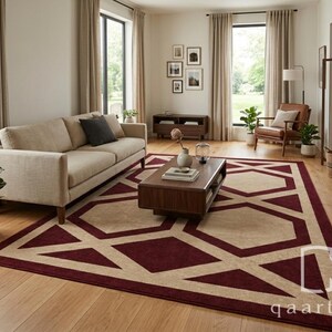 Tappeto in lana trapuntato a mano / Tappeto geometrico bordeaux, nero e avorio / Tappeto moderno / 274 x 366 cm immagine 3