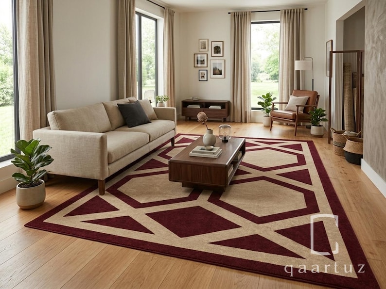 Tappeto in lana trapuntato a mano / Tappeto geometrico bordeaux, nero e avorio / Tappeto moderno / 274 x 366 cm immagine 3