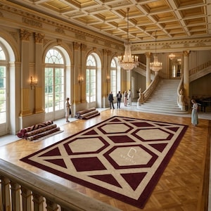 Pu&ograve; includere: Un grande tappeto rettangolare con un motivo geometrico di esagoni beige intrecciati e bordi marrone scuro, posizionato su un pavimento in legno lucido in un salone maestoso con colonne dorate, finestre ad arco e lampadari.