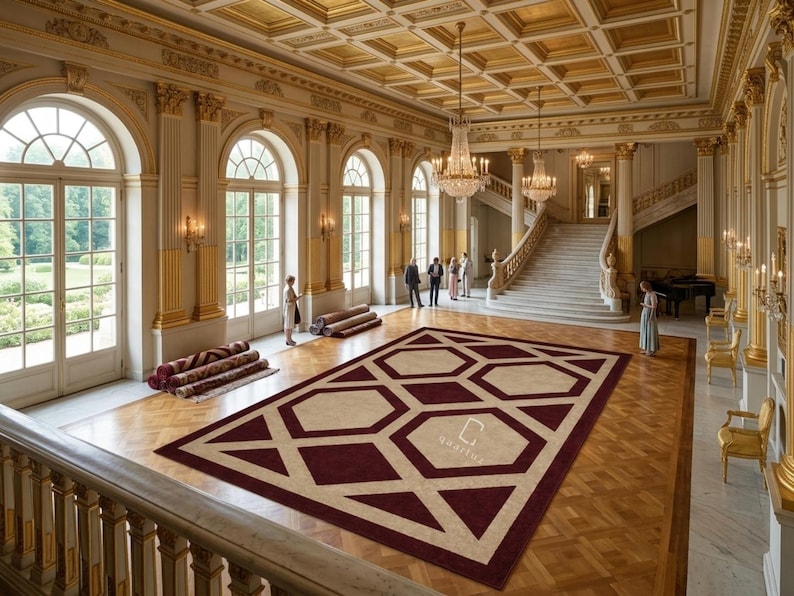 Pu&ograve; includere: Un grande tappeto rettangolare con un motivo geometrico di esagoni beige intrecciati e bordi marrone scuro, posizionato su un pavimento in legno lucido in un salone maestoso con colonne dorate, finestre ad arco e lampadari.
