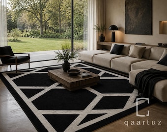 Tappeto in lana trapuntato a mano / Tappeto geometrico nero e avorio / Tappeto moderno / 274 x 366 cm