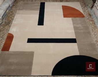 Tappeto in lana trapuntato a mano / Tappeto astratto geometrico Bauhaus / Tappeto moderno