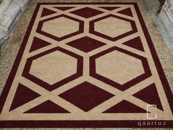 Hand Tufted Wool Rug, Geometric Area Rug, Burgundy Modern Rug, Contemporary Large Rug, 9x12 ft