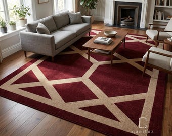 Tappeto in lana trapuntato a mano / Tappeto geometrico bordeaux e crema / Tappeto moderno / 274 x 366 cm