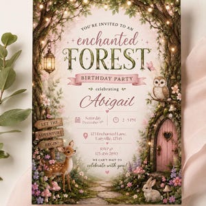 May include: A rectangular birthday party invitation featuring an enchanted forest theme with a fawn, an owl, a rabbit, a pink door, and string lights. The text reads: You're invited to an enchanted forest birthday party celebrating Abigail.