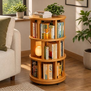 May include: A three-tiered wooden rotating bookshelf with a light brown finish. The unit features vertical dividers creating multiple storage compartments filled with various books. A small, glowing, rounded lamp sits on the middle shelf.