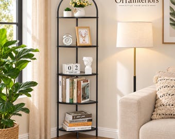 5-Tier Arched Corner Shelf, Gold Metal Bookshelf, Tempered Glass Storage Rack