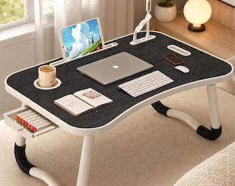Foldable Laptop Lap Desk with USB, Cup Holder, Tablet Slot, Drawer