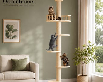 Floor to Ceiling Cat Tree, Wood Cat Climbing Furniture Set, Modern Cat Tower, Indoor Cat Playground, Cat Activity Center
