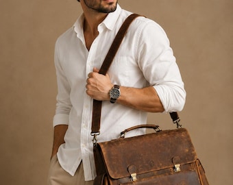 Full grain leather laptop computer bag|Personalized leather messenger bag men|Crossbody shoulder bag work briefcase|Gift for him