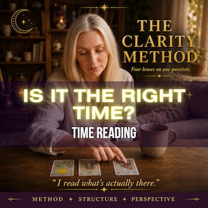 Luna Clarity Is This the Right Time timing tarot reading cover image, dark starry background with tarot cards, same-day written decision clarity report.