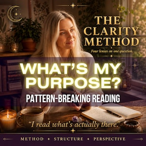May include: A person holding a deck of cards with text reading THE CLARITY METHOD, WHAT'S MY PURPOSE? PATTERN-BREAKING READING, and I read what's actually there. The scene includes a lit candle, a mug, an open notebook with a pen, and crystals.