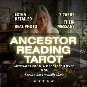 Puede incluir: Un servicio de lectura de cartas de tarot con el texto: EXTRA DETAILED REAL PHOTO, 3 CARDS THEIR MESSAGE, ANCESTOR READING TAROT, MESSAGES FROM A DECEASED LOVED ONE, I read what's actually there, y cinco estrellas amarillas abajo.