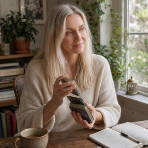 May include: A deck of rectangular tarot cards with dark edges being held and shuffled. The cards feature a muted color palette and are held in a pair of hands. The deck is standard size and consists of multiple individual cards stacked together.