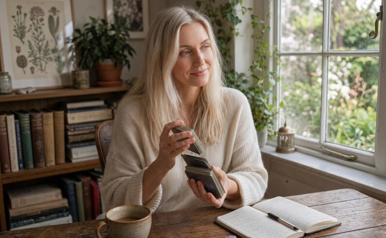 May include: A deck of rectangular tarot cards with dark edges being held and shuffled. The cards feature a muted color palette and are held in a pair of hands. The deck is standard size and consists of multiple individual cards stacked together.