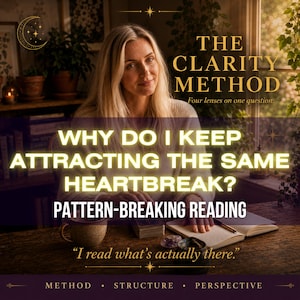 Puede incluir: Una persona sentada a una mesa de madera con un libro, una baraja de cartas y una taza. El texto dice: THE CLARITY METHOD, Four lenses on one question. WHY DO I KEEP ATTRACTING THE SAME HEARTBREAK? PATTERN-BREAKING READING. I read what's actually there.