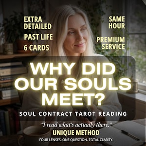 Può includere: Un grafico digitale per un servizio di lettura dei tarocchi sui contratti dell'anima con il testo: EXTRA DETAILED PAST LIFE 6 CARDS, SAME HOUR PREMIUM SERVICE, WHY DID OUR SOULS MEET?, SOUL CONTRACT TAROT READING, I read what's actually there. UNIQUE METHOD, FOUR LENSES. ONE QUESTION. TOTAL CLARITY.