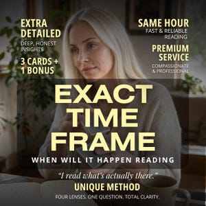 Op de afbeelding: Een serviceadvertentie met de tekst: EXTRA DETAILED, DEEP, HONEST INSIGHTS, 3 CARDS + 1 BONUS, SAME HOUR FAST & RELIABLE READING, PREMIUM SERVICE, COMPASSIONATE & PROFESSIONAL, EXACT TIME FRAME, WHEN WILL IT HAPPEN READING, I read what's actually there, UNIQUE METHOD, FOUR LENSES. ONE QUESTION. TOTAL CLARITY.