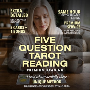Può includere: Un annuncio per un servizio di lettura dei tarocchi con il testo: FIVE QUESTION TAROT READING, EXTRA DETAILED, 5 CARDS + 1 BONUS, SAME HOUR, PREMIUM SERVICE, I read what's actually there, UNIQUE METHOD, FOUR LENSES. ONE QUESTION. TOTAL CLARITY.