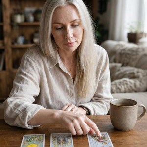 May include: A set of three rectangular tarot cards featuring intricate illustrations with gold, blue, and white details, laid out on a wooden surface next to a ceramic mug, with a person wearing a beige linen shirt pointing at the right card.