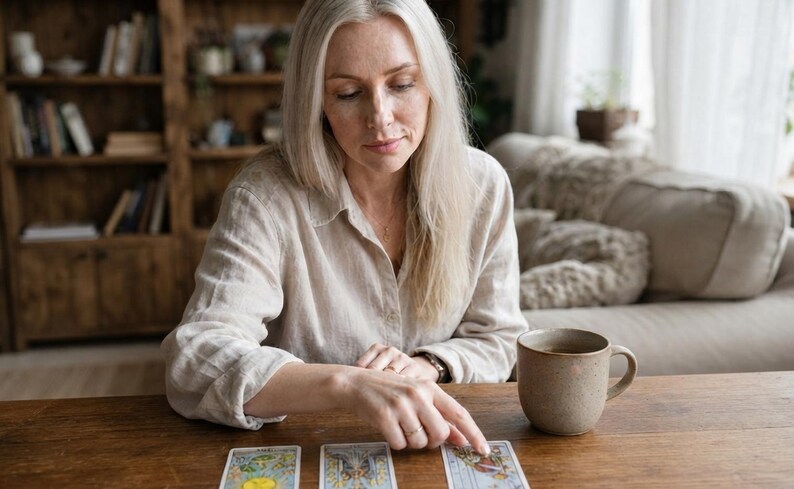May include: A set of three rectangular tarot cards featuring intricate illustrations with gold, blue, and white details, laid out on a wooden surface next to a ceramic mug, with a person wearing a beige linen shirt pointing at the right card.