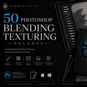 May include: A digital product display for 50 Photoshop Blending Texturing Brushes by Wenbrix Design. The image features a tablet showing brush strokes, a black book with a blue WB logo, and text detailing compatibility with Photoshop CC, tablets, and Apple Pencil.