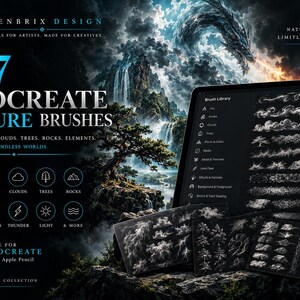 May include: A digital product display for 167 Procreate nature brushes by WENBRIX DESIGN. The image features a tablet showing a brush library menu with categories like fire, smoke, clouds, trees, and rocks, alongside a stylus and sample brush strokes.
