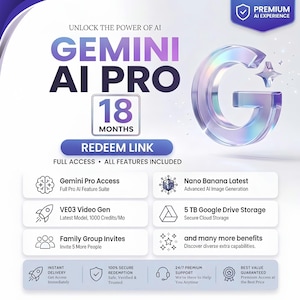 May include: A digital graphic for Gemini AI Pro 18 months access. The text reads Unlock the Power of AI, Gemini AI Pro, 18 Months, Redeem Link, Full Access, All Features Included, and lists benefits like Gemini Pro Access, VE03 Video Gen, and 5 TB storage.