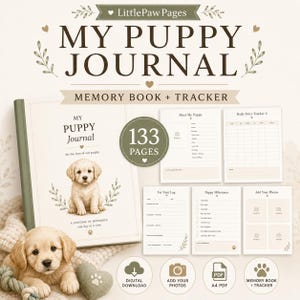 Op de afbeelding: Een puppy-dagboek, herinneringsboek en tracker met 133 pagina's. De kaft bevat een illustratie van een golden retriever puppy, de tekst My Puppy Journal en een digitaal formaat. Bevat pagina's voor dierenartsbezoeken en foto's.