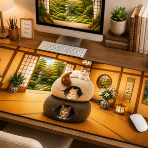 XL Desk Mat | Japanese Cat | Cozy Tea House Workspace | Donut Cat Bed | Japanese Desk Decor | Irish Cat Gift