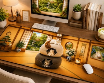 Japanese Cat XL Desk Mat | Cozy Tea House Workspace | Donut Cat Bed | Japanese Desk Decor | Irish Cat Gift