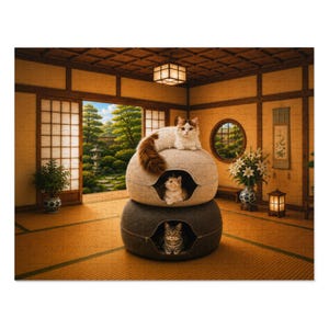 May include: A jigsaw puzzle depicting a room with tatami flooring and shoji screens opening to a garden. A stacked two-tier cat bed features a fluffy white and brown cat on top, a light brown cat in the middle, and a tabby cat in the bottom section.