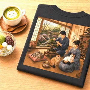 May include: A black t-shirt featuring a graphic print of two people in traditional robes tending to a bonsai tree with three cats in a room, accompanied by a cup of matcha latte with cat art and a bowl of green tea ice cream with mochi.