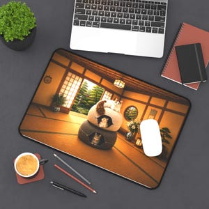 Desk Mat | Japanese Cat  |  Donut Cat Bed | Cozy Japanese Tea House Mouse Pad
