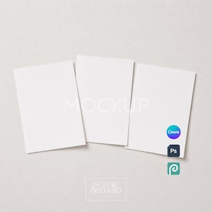 May include: Three blank white rectangular cards arranged in a row. The word MOCKUP is printed in light gray across the center. Small circular icons for Canva, Ps, and a green logo are positioned on the right side. A white box with scene & studio text.