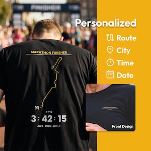 May include: A black t-shirt featuring a yellow marathon route map on the back with the text MARATHON FINISHER, NYC, 3:42:15, ALEX, 2026, JUN 1, and a checkered flag icon. The front design displays the text MARATHON FINISHER and NYC in yellow and white.