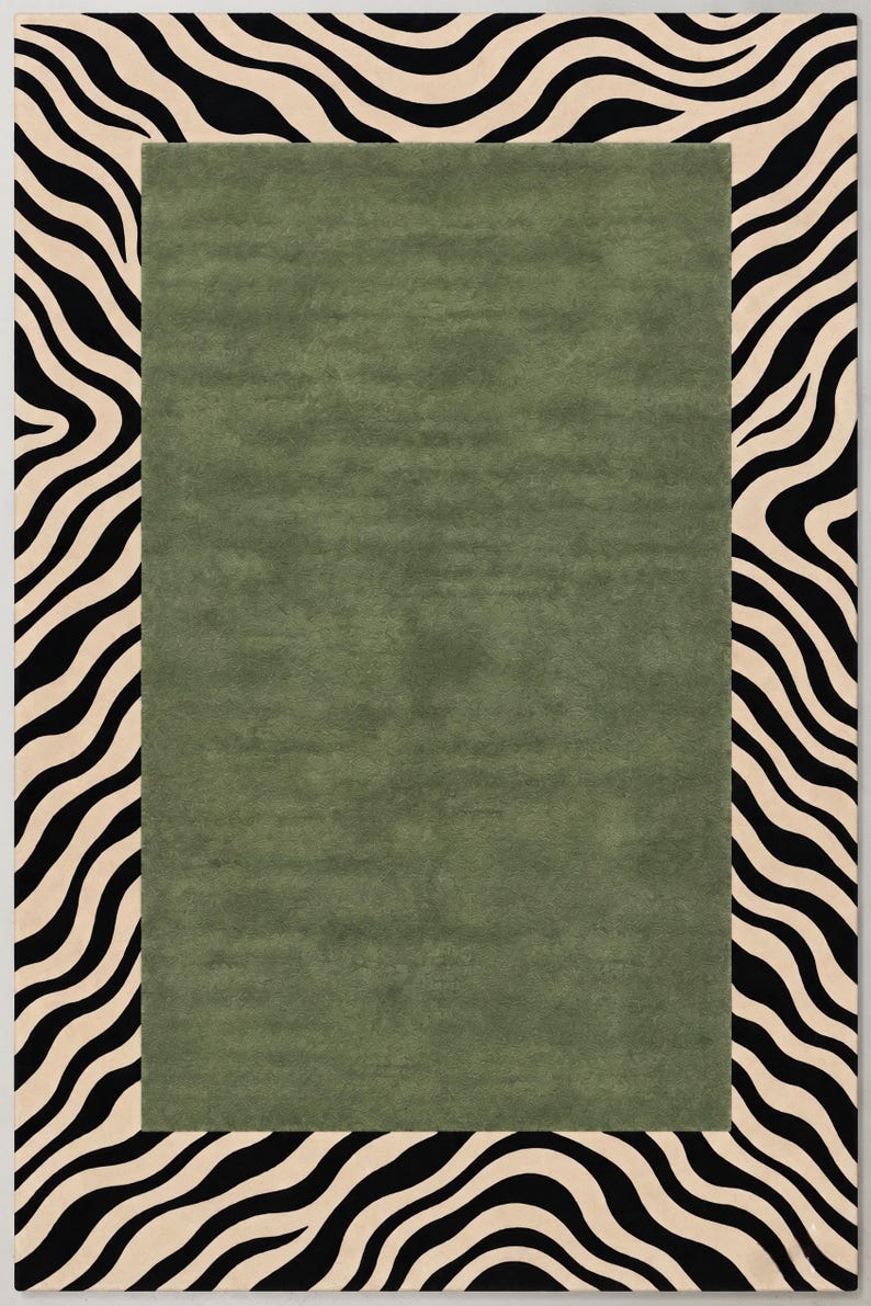 Zebra Print Area Rug, Sage Green Wool Rug, Black and Cream Animal Print ...