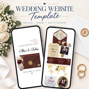 May include: Two smartphones displaying a wedding website template with travel-themed graphics, including a maroon envelope, a world map, and airplane icons. The text reads Wedding Website Template, Sealed with love from Alice & John, and RSVP.